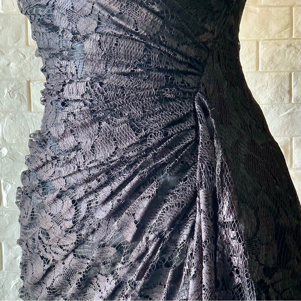 Vintage 1980s Black Lace Overlay Boned Bodice Side Ruched Ruffle Hem Midi Dress - Picture 6 of 17